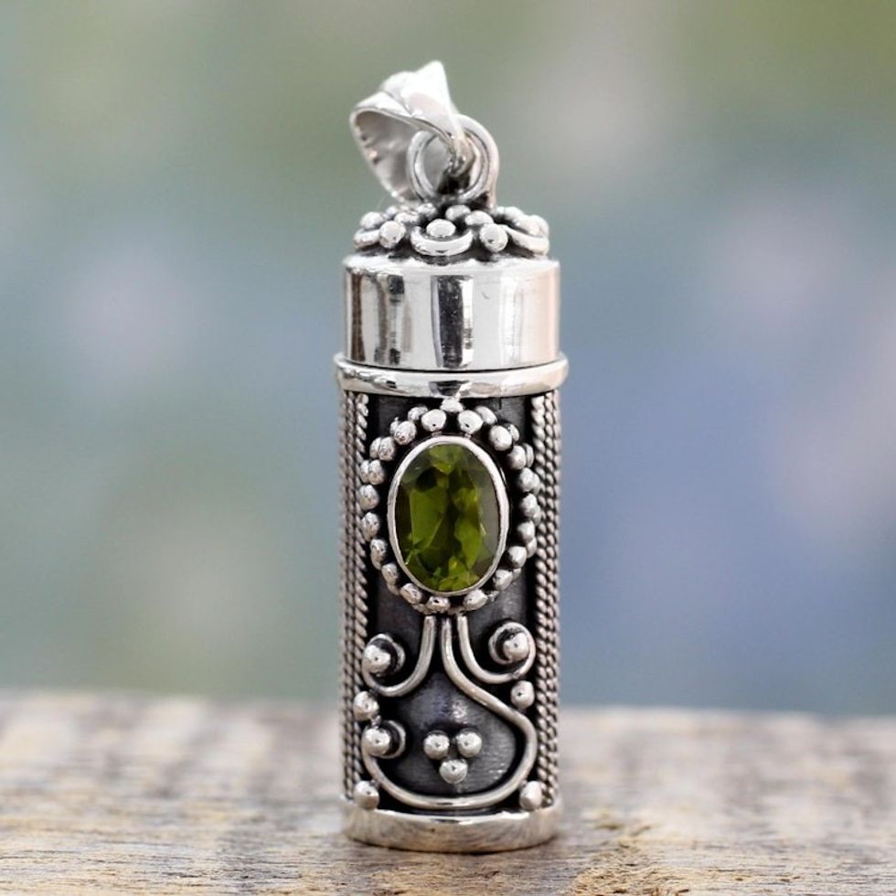 Peridot and 925 Silver Prayer Box Pendant from India 'Calmness'