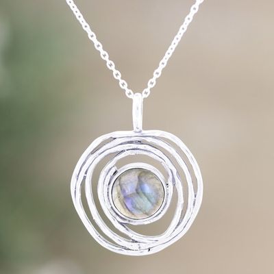 Alternate image for Sterling Silver Pendant Necklace with Natural Labradorite Modern Shield