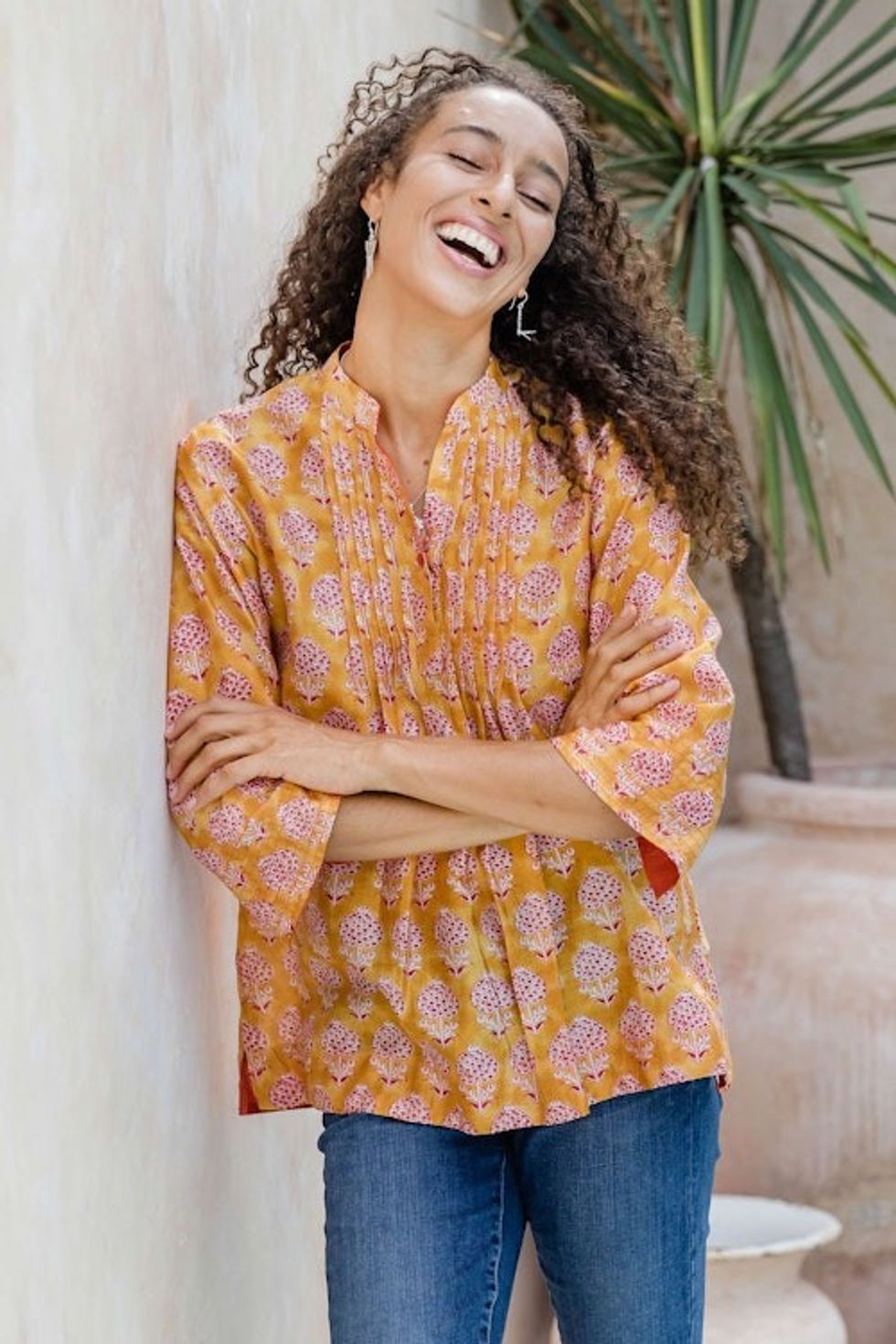 Patterned Honey and Salamander Cotton and Silk Blend Tunic 'Honey Saga'