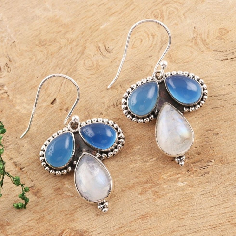 Teardrop Chalcedony and Rainbow Moonstone Dangle Earrings 'Droplet Trios'