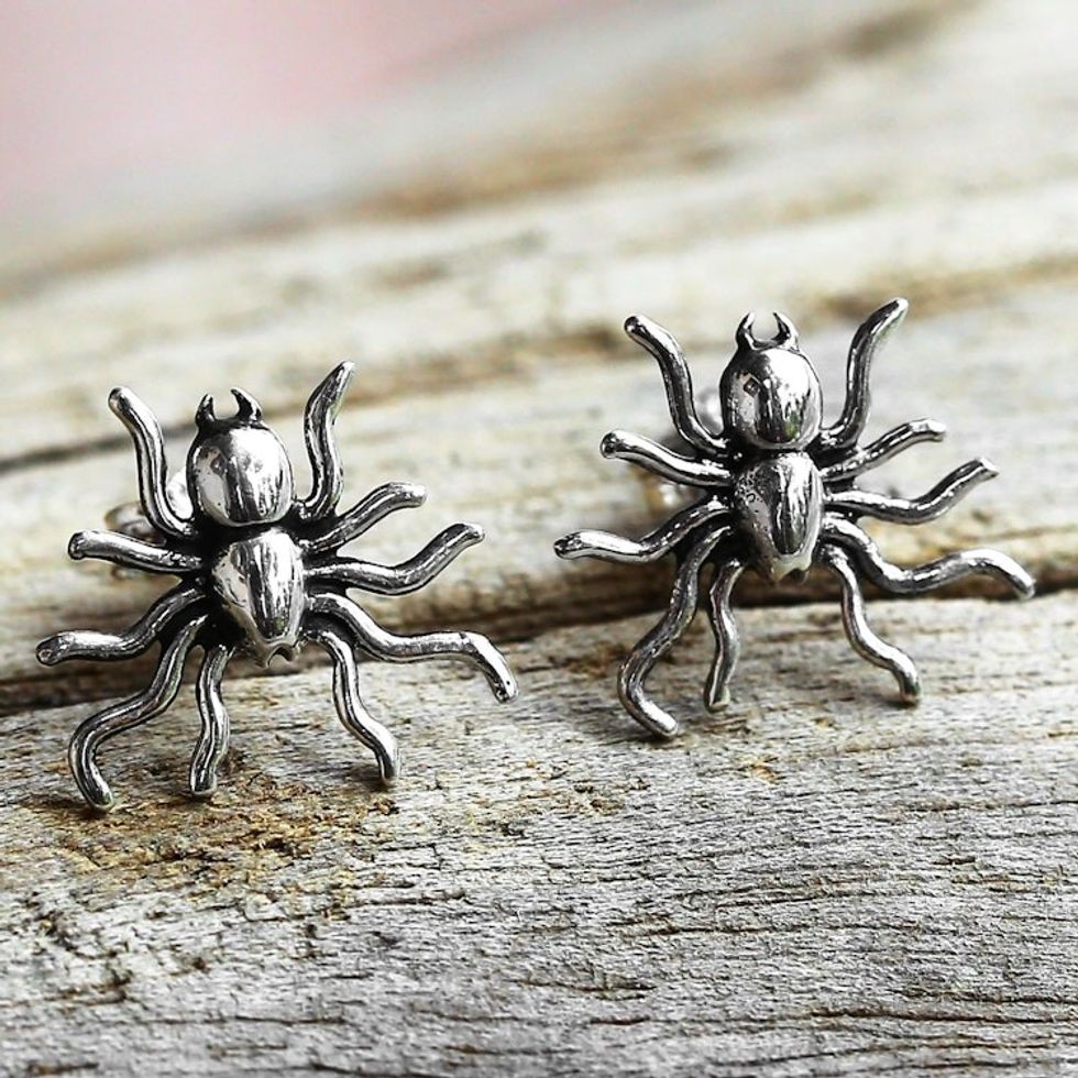 Sterling Silver Stud Earrings Spider Shape from Thailand 'Little Sun Spiders'