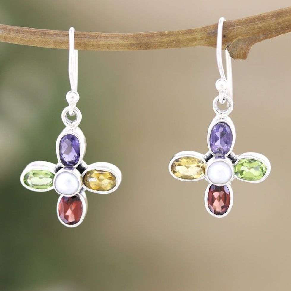 Sterling Silver Floral Dangle Earrings with Multiple Gems 'Colorful Floral Dream'