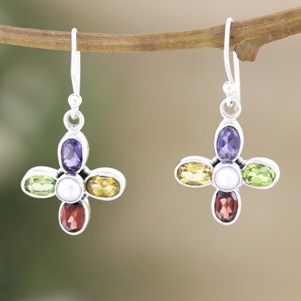 Alternate image for Sterling Silver Floral Dangle Earrings with Multiple Gems Colorful Floral Dream