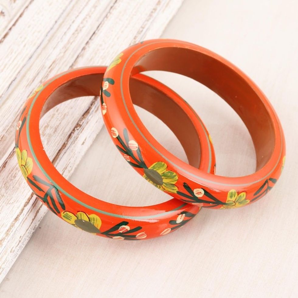 Floral Haldu Wood Bangle Bracelets in Vermilion Pair 'Vermilion Garden'