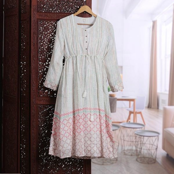 Alternate image for Cotton Blend Empire Waist Midi Dress with Tassels from India Extra Tropical