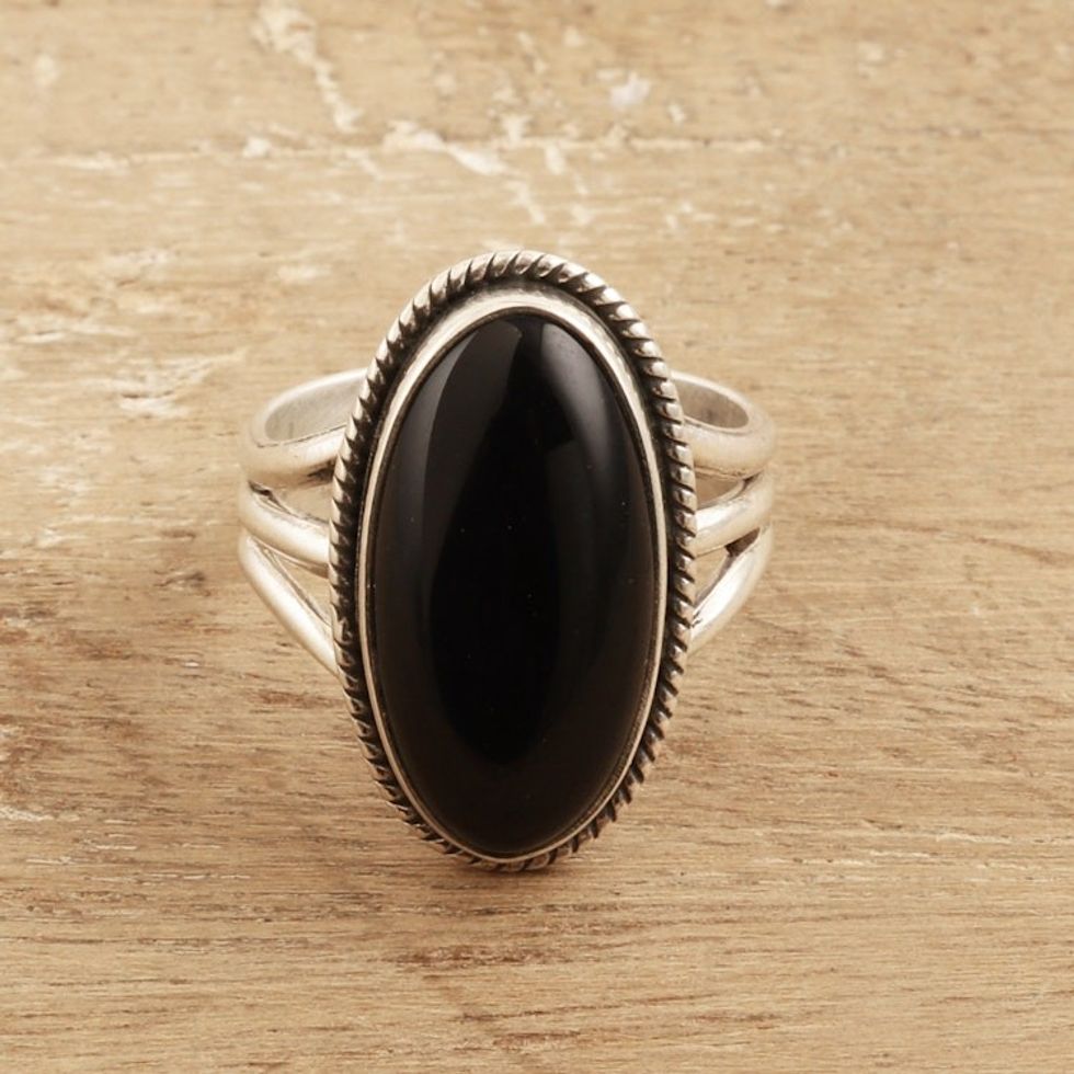 Handcrafted Onyx and Sterling Silver Single Stone Ring 'Piece of Night'