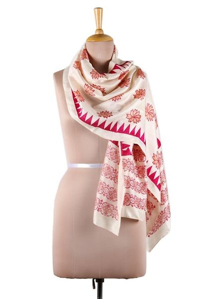 Alternate image for Fuchsia and Ivory Floral Silk Wrap Scarf from India Fuchsia Blossoms