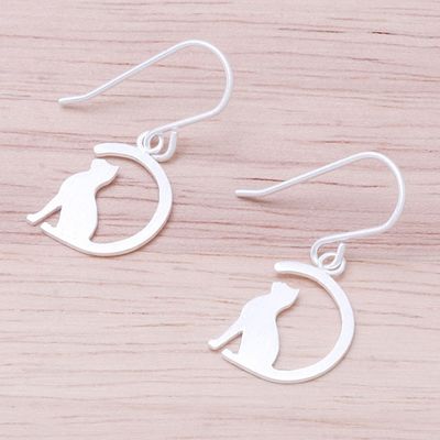 Alternate image for Sterling Silver Cat Dangle Earrings from Thailand Long-Tailed Cat