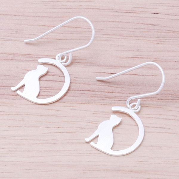 Alternate image for Sterling Silver Cat Dangle Earrings from Thailand Long-Tailed Cat