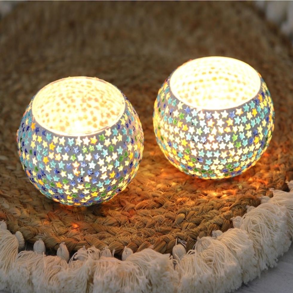 Glass Star Mosaic Tealight Candleholders Pair 'Starry Dazzle'