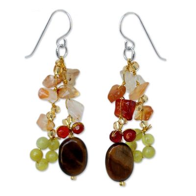 Alternate image for Hand Crafted Tigers Eye and Quartz Cluster Earrings Thai Autumn