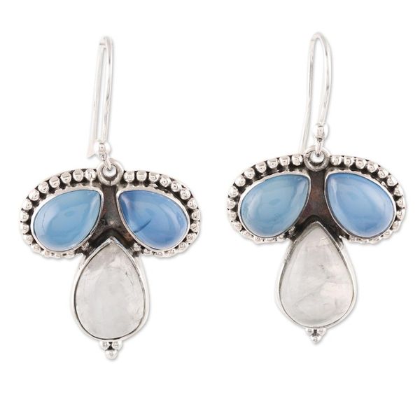 Alternate image for Teardrop Chalcedony and Rainbow Moonstone Dangle Earrings Droplet Trios