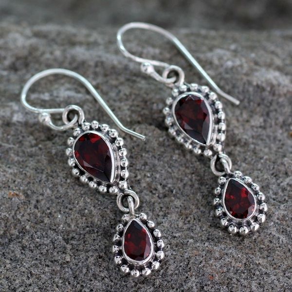 Alternate image for Garnet Earrings in Sterling Silver from India Jewelry Halo of Beauty