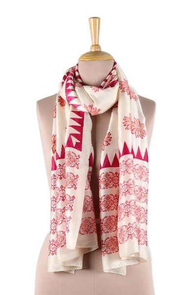 Alternate image for Fuchsia and Ivory Floral Silk Wrap Scarf from India Fuchsia Blossoms