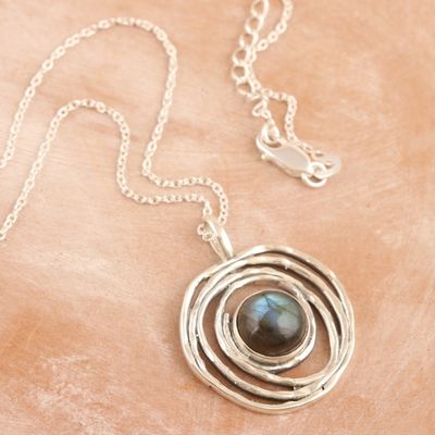 Alternate image for Sterling Silver Pendant Necklace with Natural Labradorite Modern Shield