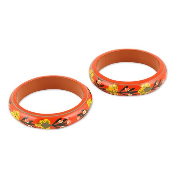 Alternate image for Floral Haldu Wood Bangle Bracelets in Vermilion Pair Vermilion Garden