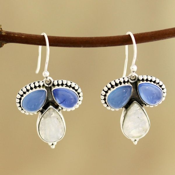 Alternate image for Teardrop Chalcedony and Rainbow Moonstone Dangle Earrings Droplet Trios