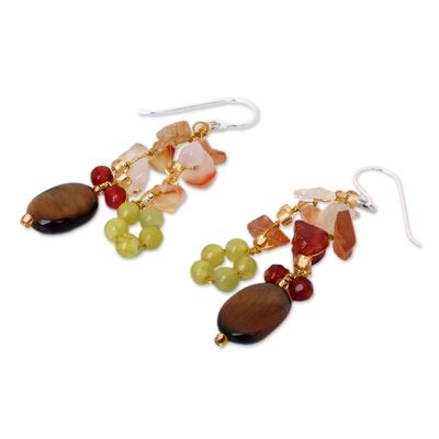 Alternate image for Hand Crafted Tigers Eye and Quartz Cluster Earrings Thai Autumn