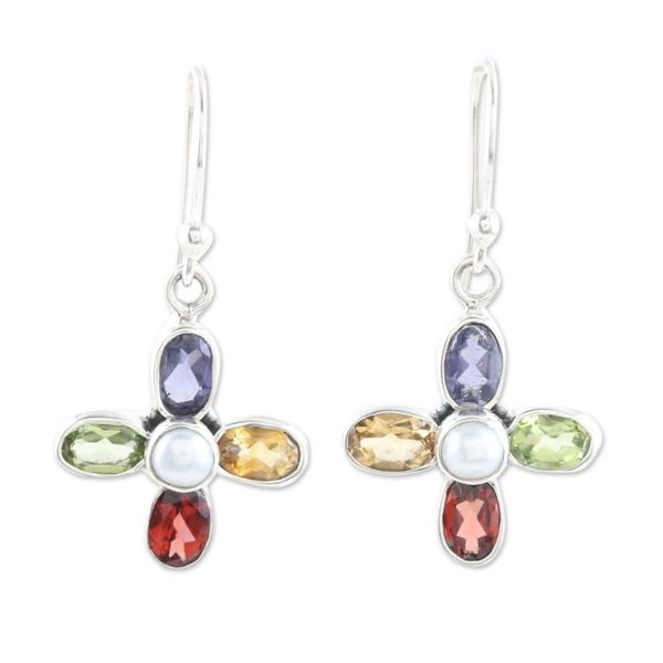 Alternate image for Sterling Silver Floral Dangle Earrings with Multiple Gems Colorful Floral Dream