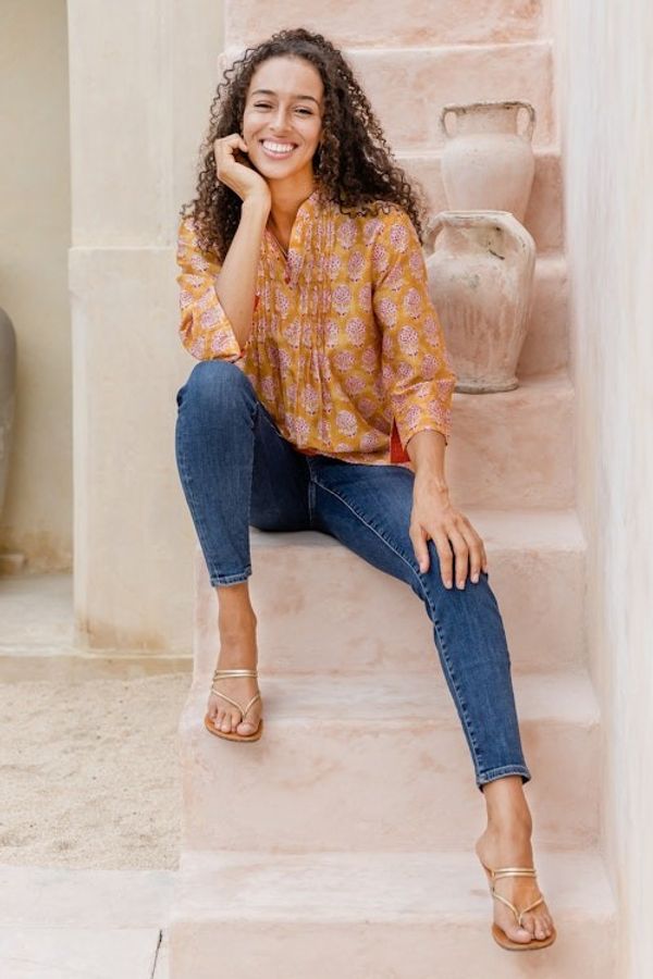 Alternate image for Patterned Honey and Salamander Cotton and Silk Blend Tunic Honey Saga