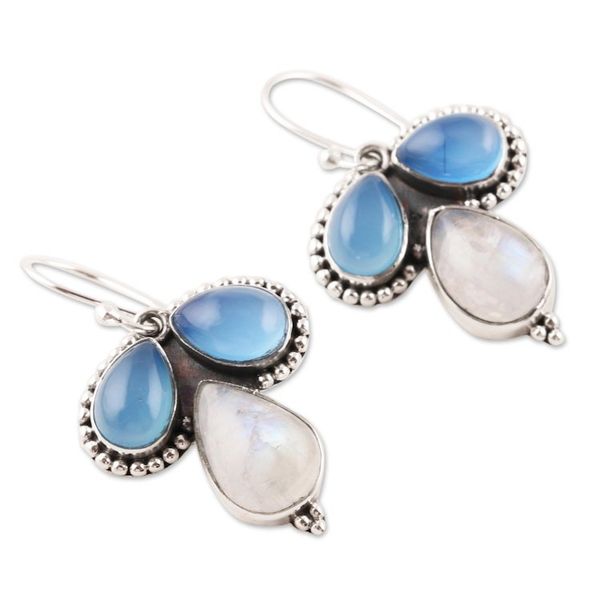 Alternate image for Teardrop Chalcedony and Rainbow Moonstone Dangle Earrings Droplet Trios