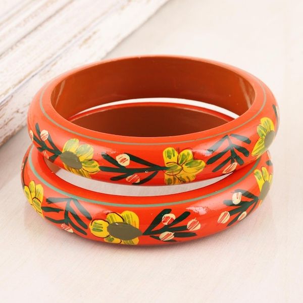 Alternate image for Floral Haldu Wood Bangle Bracelets in Vermilion Pair Vermilion Garden