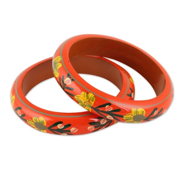 Alternate image for Floral Haldu Wood Bangle Bracelets in Vermilion Pair Vermilion Garden