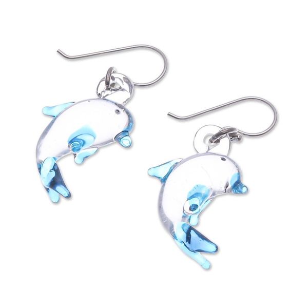 Alternate image for Handblown Glass Dolphin Dangle Earrings from Thailand Dolphin Glam