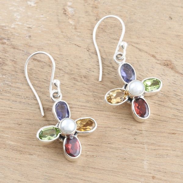 Alternate image for Sterling Silver Floral Dangle Earrings with Multiple Gems Colorful Floral Dream
