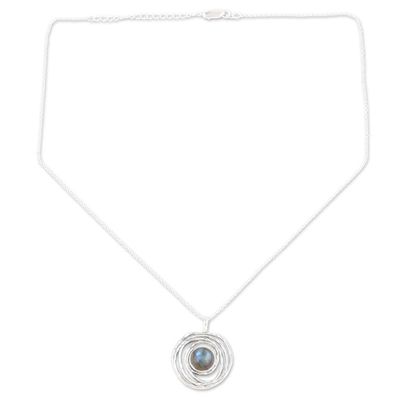 Alternate image for Sterling Silver Pendant Necklace with Natural Labradorite Modern Shield