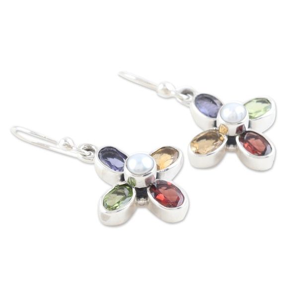 Alternate image for Sterling Silver Floral Dangle Earrings with Multiple Gems Colorful Floral Dream