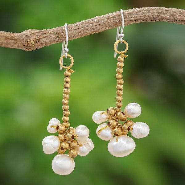 Alternate image for Thai Cultured Pearl and Brass Beaded Dangle Earrings Pearly Meeting