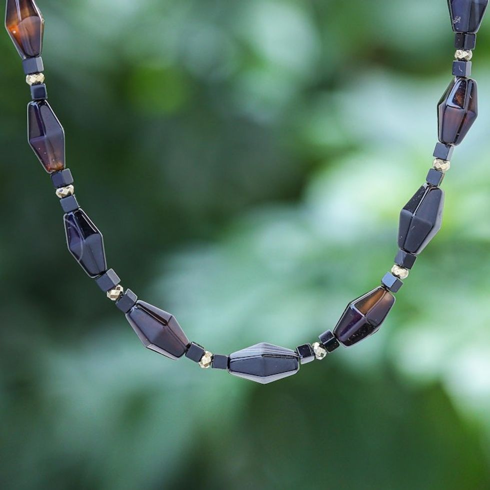 Hand Crafted Agate and Onyx Beaded Necklace 'Windy Night'