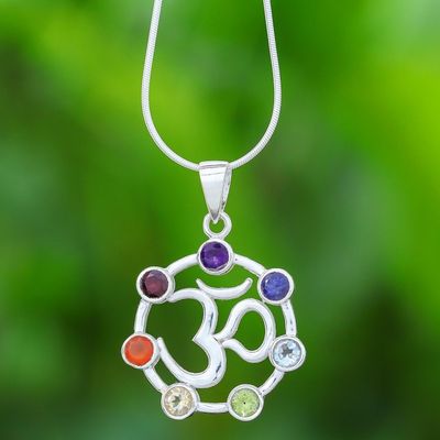 Alternate image for Multi-Gemstone Chakra Om Sterling Silver Pendant Necklace Lucky Om