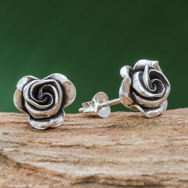 Alternate image for Thai Karen Hill Tribe Silver Flower Stud Earrings First Rose