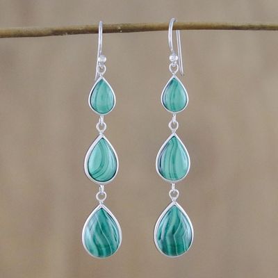 Alternate image for Silver and Malachite Dangle Earrings from Thailand Salt Water Drops