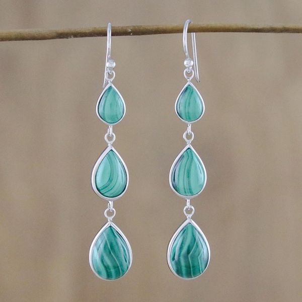 Alternate image for Silver and Malachite Dangle Earrings from Thailand Salt Water Drops