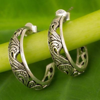 Primary image for Handmade Sterling Silver Half Hoop Earrings Moon in the Forest