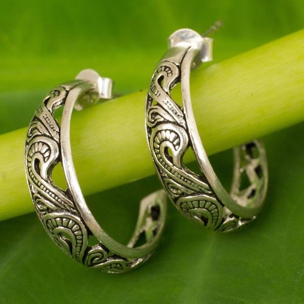 Alternate image for Handmade Sterling Silver Half Hoop Earrings Moon in the Forest