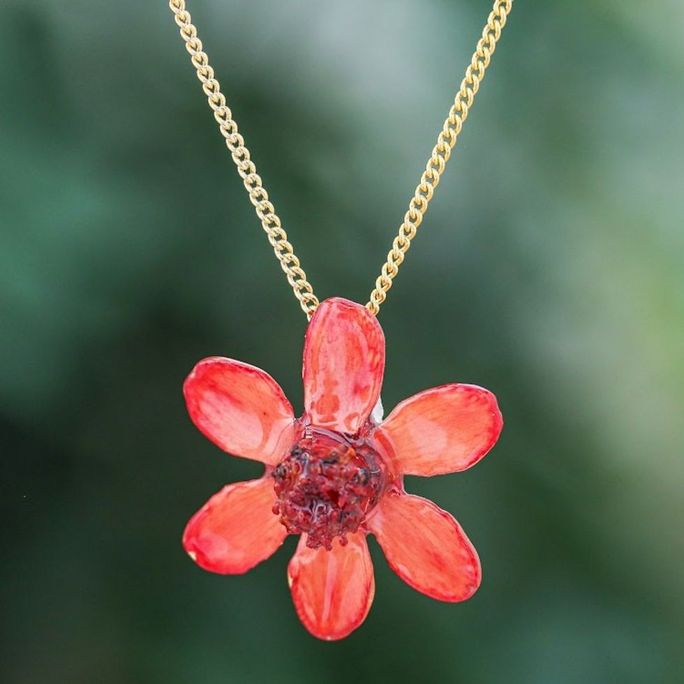 22k Gold Plated Pink Zinnia Flower Pendant from Thailand 'Zinnia Charm in Deep Pink'