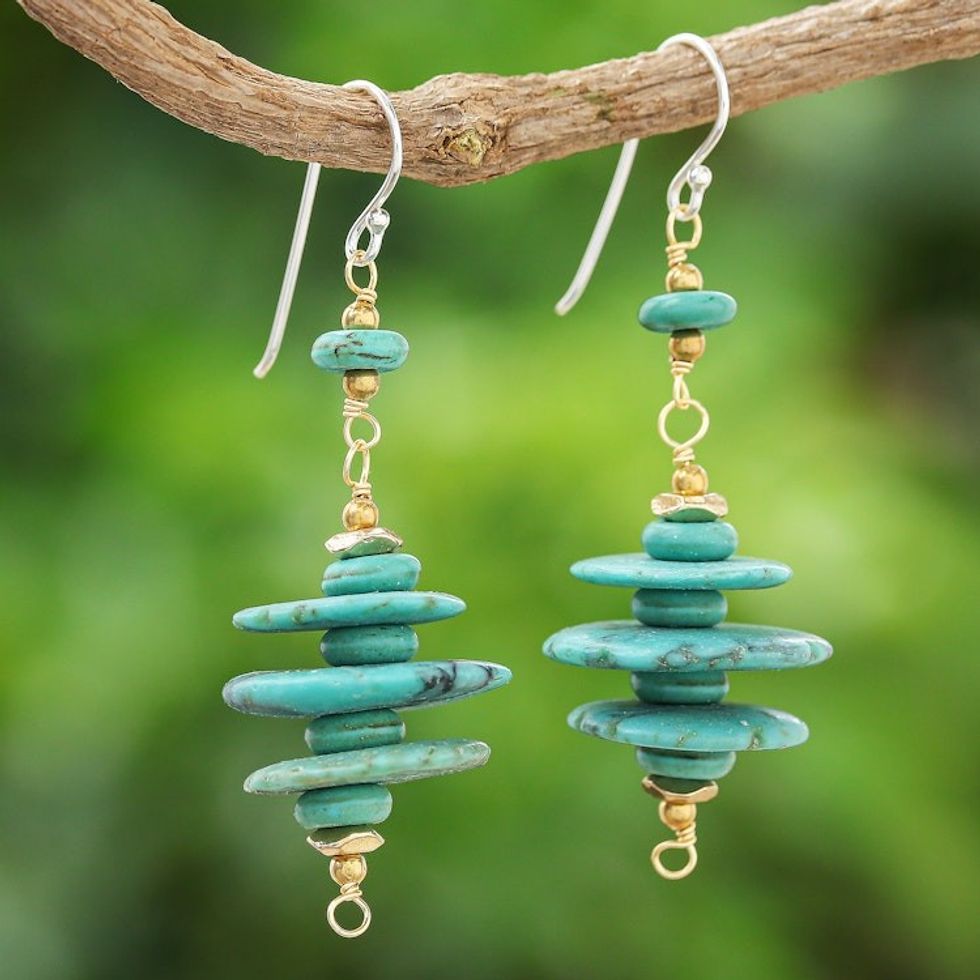 Reconstituted Turquoise Dangle Earrings with 14k Gold Accent 'Mystic Discs'