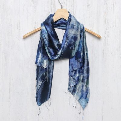 Alternate image for Hand Woven 100 Silk Tie Dye Scarf in Blue from Thailand Moving Skies