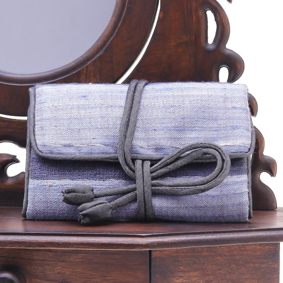 Handwoven Silk and Rayon Jewelry Roll from Thailand 'Happy Travels in Black'