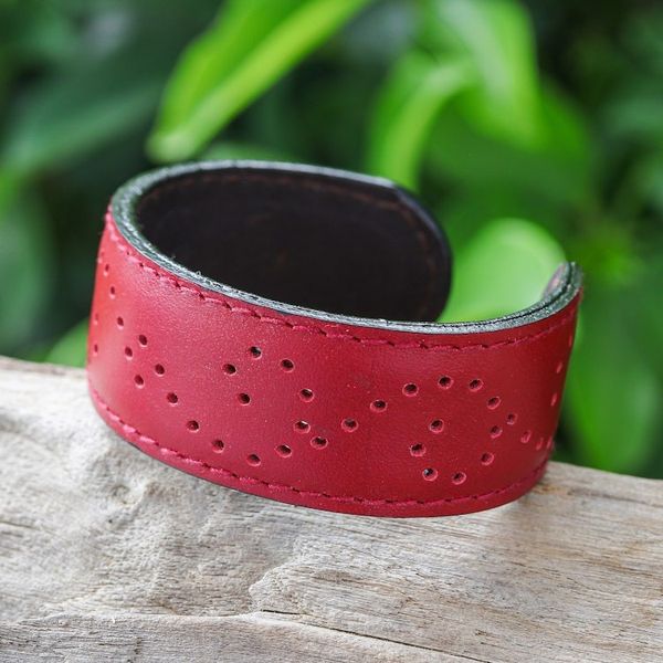 Alternate image for Red Leather Cuff Bracelet with Dots Made in Thailand Dotted Red
