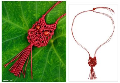 Alternate image for Red Cotton Macrame Owl Necklace Scarlet Owl