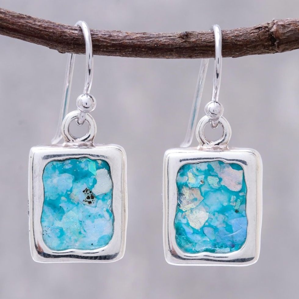 Artisan Crafted Roman Glass Dangle Earrings from Thailand 'Ancient Skies'