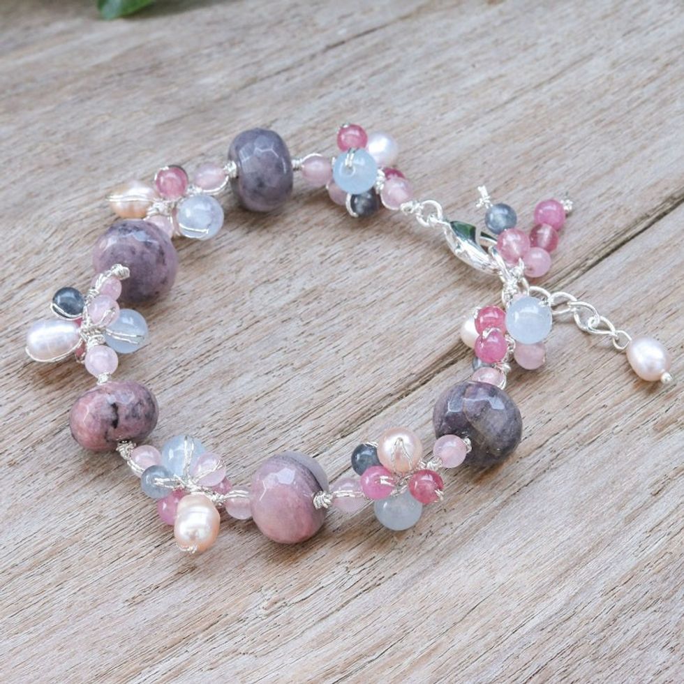 Chic Rhodonite Cultured Pearl and Quartz Beaded Bracelet 'Autumn Rose'