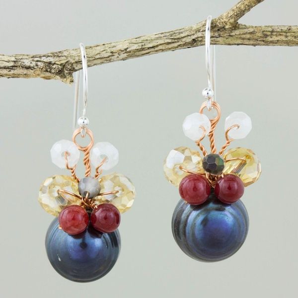 Alternate image for Black Cultured Pearl Dangle Earrings with Butterfly Motif Butterfly Party in Black