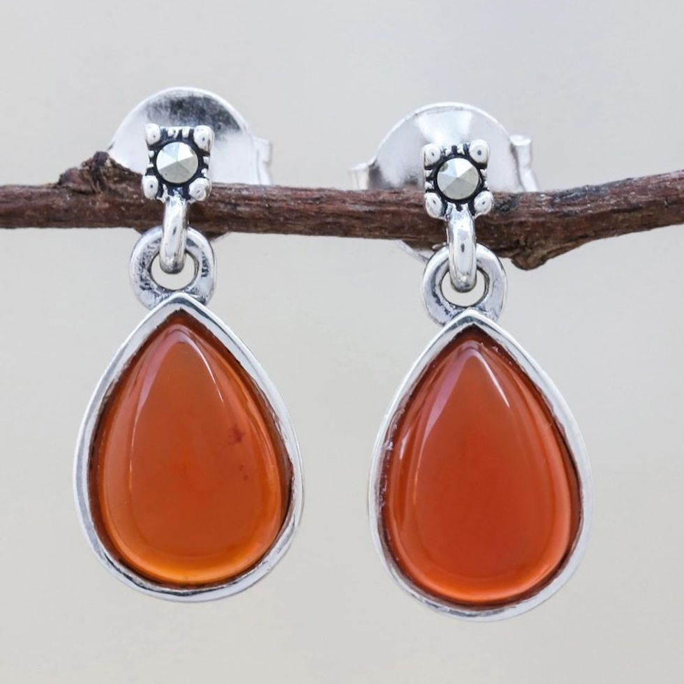 Drop-Shaped Carnelian Dangle Earrings from Thailand 'Droplet Gleam'