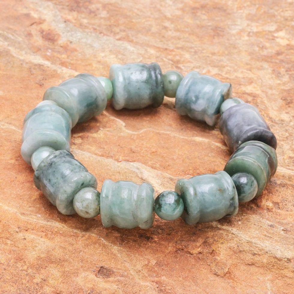 Round and Barrel Shaped Jade Bead Stretch Bracelet 'Barrels and Beads'